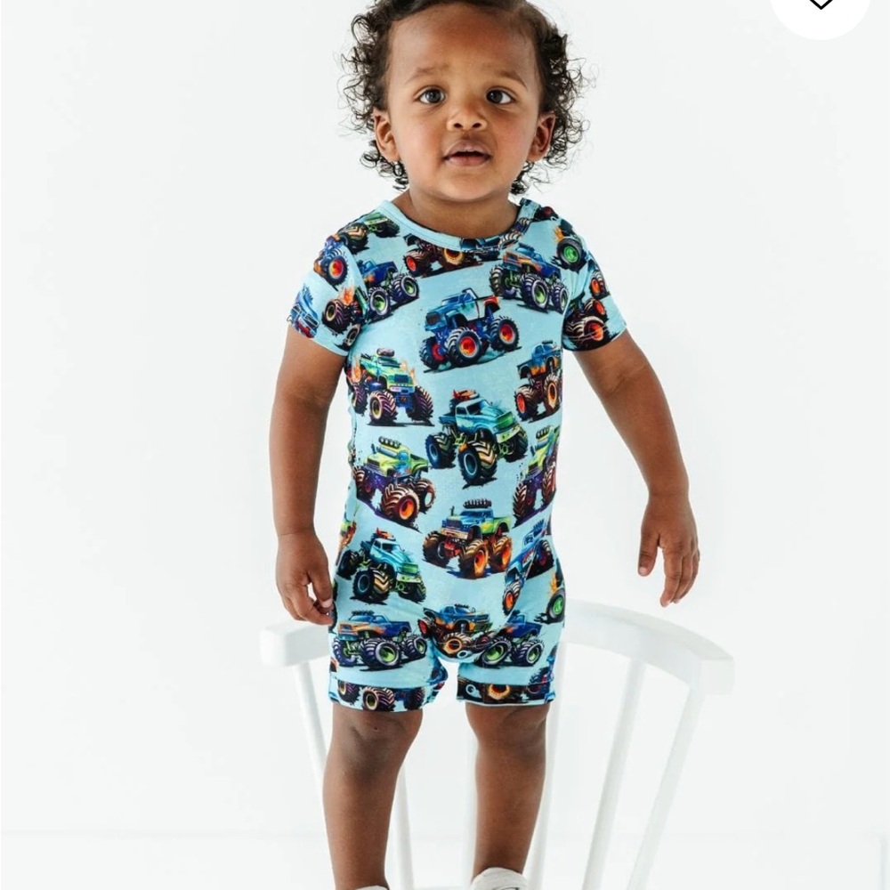 ✨Bums & Roses Toddler Short Sleeve Truck Pajama Romper